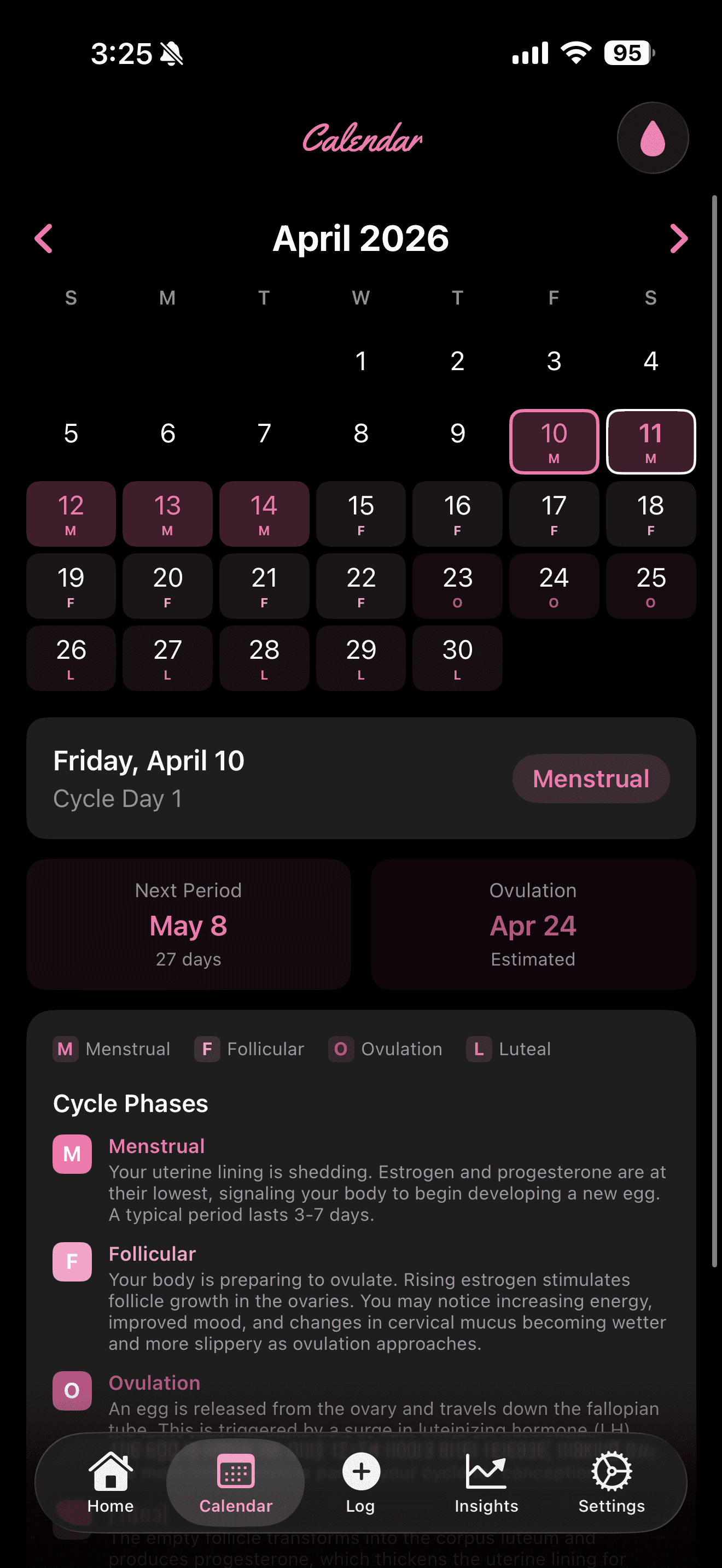 Bloom calendar view with cycle phases and predictions