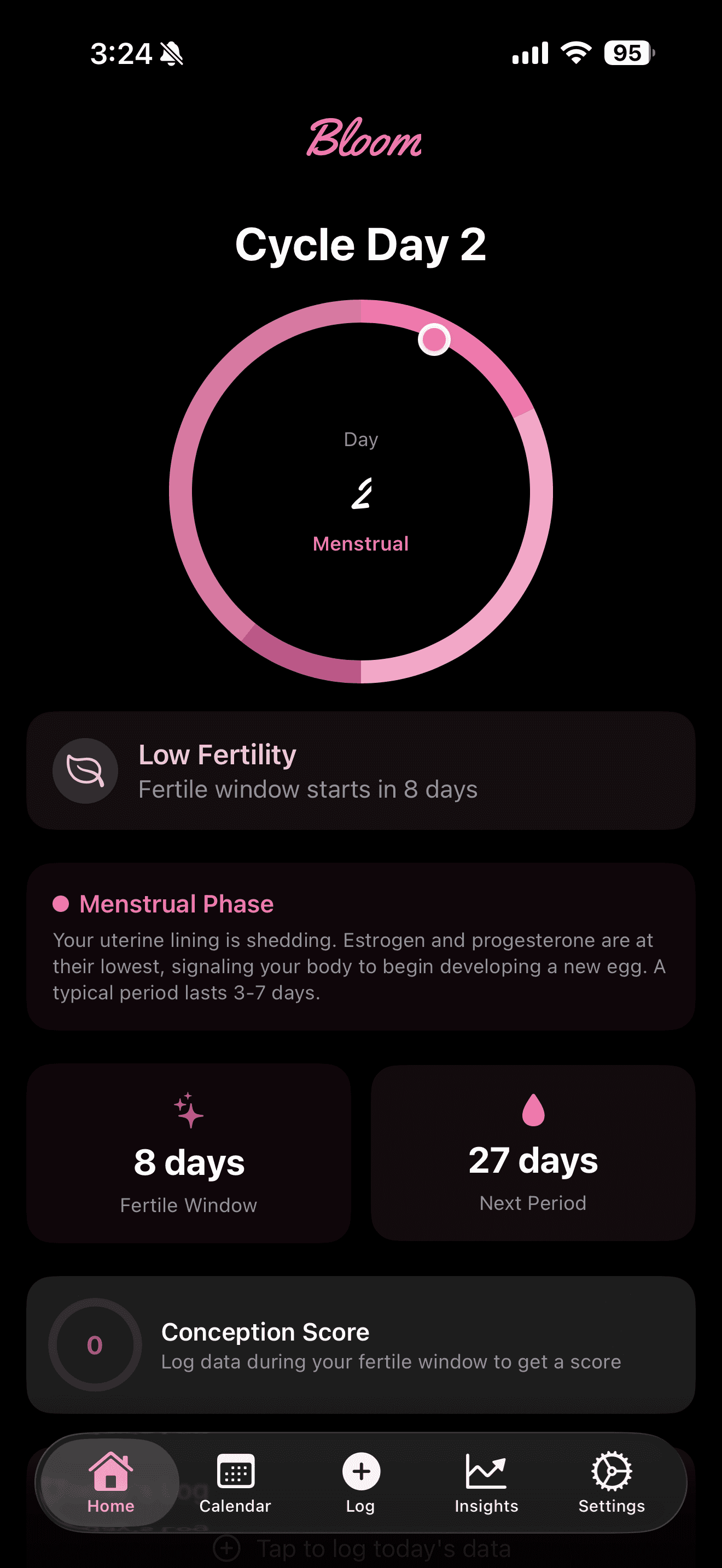 Bloom app home screen showing cycle tracking