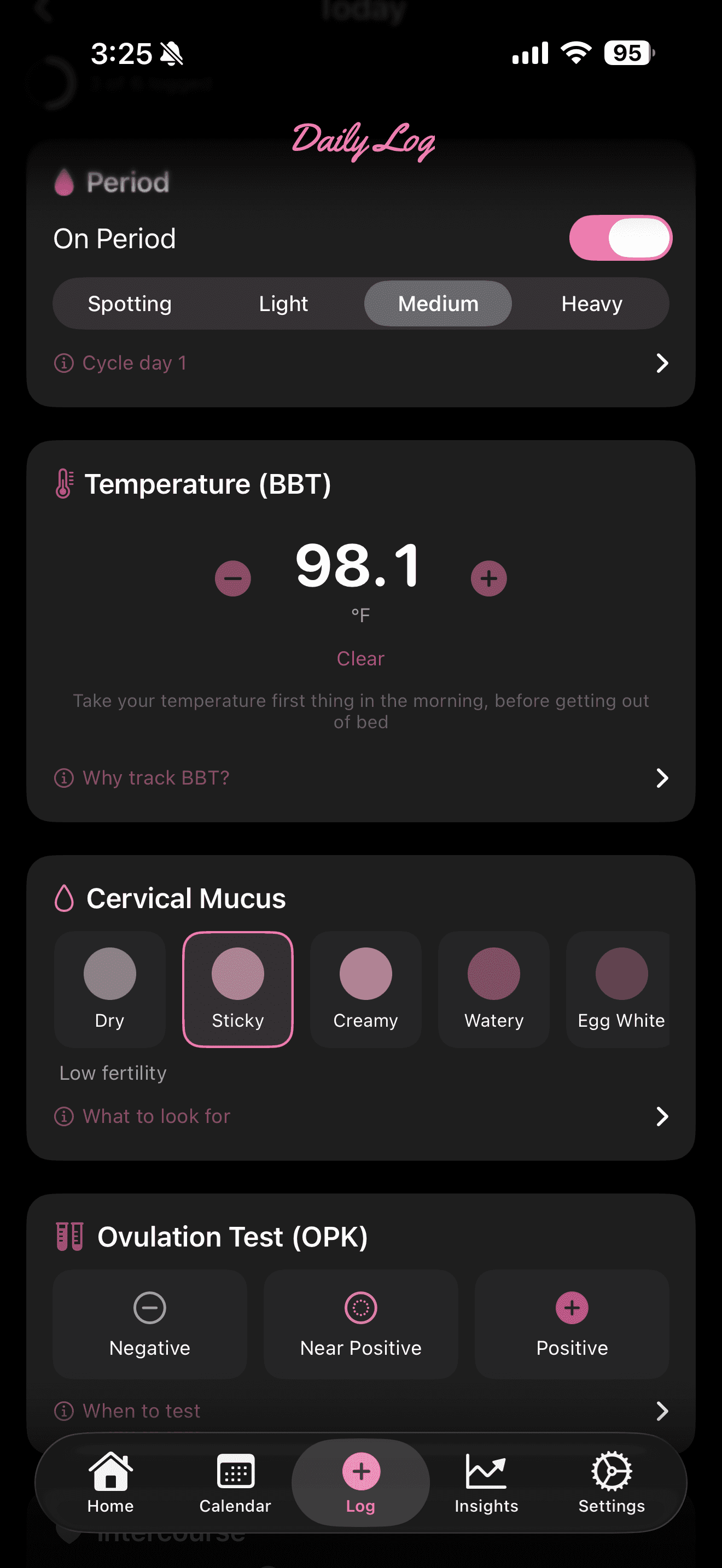 Bloom daily log for period, BBT, cervical mucus, and OPK tracking